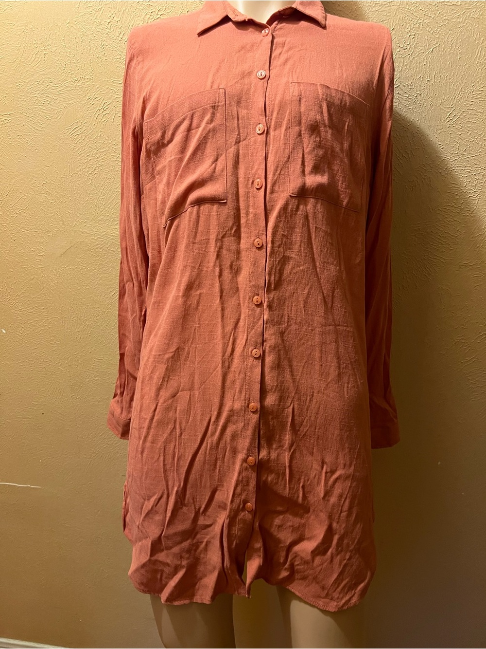Long Sleeve Button-Front Tunic in Dusty Coral